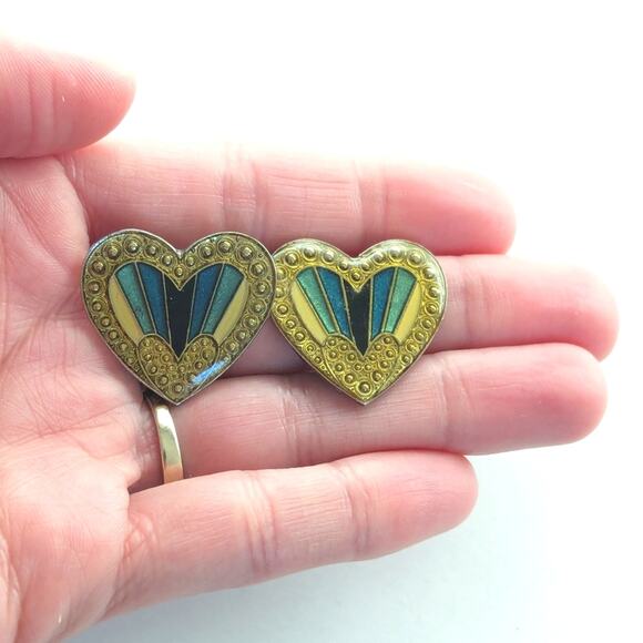 Vintage Estate Heart Steampunk Blue Gold Silver Art Deco Clip On Earrings - Picture 3 of 3